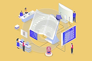 Online studying concept in 3d isometric design. Vector illustration with isometry people