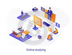 Online studying isometric web banner. Distance learning platform isometry concept. Online education 3d scene, professional