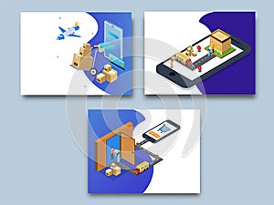 Online super fast delivery, isometric concept with delivery boxes and courier boy delivering to destination point, map navigation