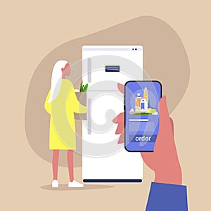 Online supermarket. ordering food delivery with a smartphone, young female character standing in front of the fridge and holding a