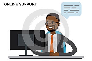 Online support concept,african american male operator behind a desk