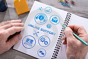 Online support concept on a notepad