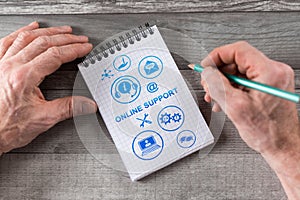 Online support concept on a notepad