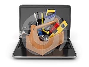 Online support. Laptop and toolbox. 3d