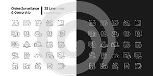 Online surveillance and censorship linear icons set for dark and light mode
