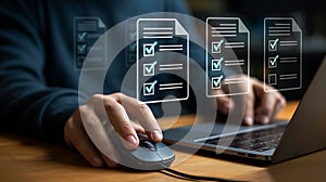 Online Survey Checklist with Person Using Mouse and Laptop Computer Performing Task Management and Digital Workflow Automation