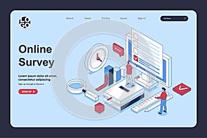 Online survey concept in 3d isometric design for landing page template. People giving feedback and filing digital form with