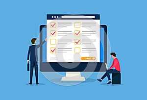 Online survey concept design for web or app. Businessmen fill online form computer flat vector