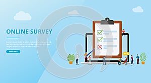 Online survey concept with people and checklist surveys for website template banner design - vector