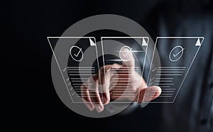 Online survey filling out and digital form checklist by laptop computer