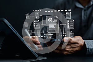 Online survey filling out and digital form checklist by laptop computer, Document Management Checking System, online documentation
