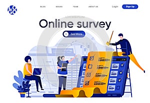 Online survey flat landing page. Respondent completing checklist web page composition with people characters. Online survey