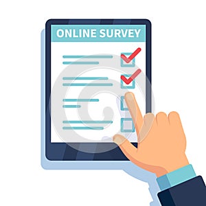 Online survey. Internet surveying, hands holding tablet with test form. Mobile questionnaire, customers voting vector