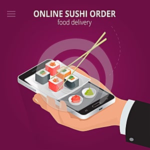 Online sushi. Ecommerce concept order food online website. Fast food sushi delivery online service. Flat 3d isometric