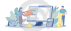 Online Tax Filing Service. Tax software program, IRS form, personal income, money refund, gather paperwork. Vector illustration photo
