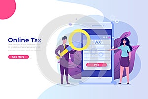 Online tax payment app concept. People filling tax. Can use for landing page template.