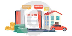 Online Tax Payment Concept. Application for Tax Form on Laptop Screen, Real Estate House, Car and Money, Taxation