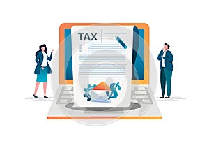 Online tax payment concept, people filling application form tax form. Flat vector illustration. cartoon character graphic design