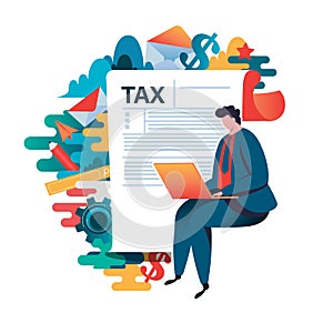 Online tax payment concept, people filling application form tax form. Flat vector illustration. cartoon character graphic design