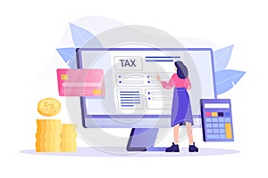 Online Tax Payment Concept. Young woman filling application for tax form. Online tax submitting system. Calculating payment check