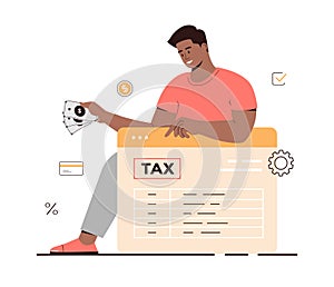 Online tax payment. Government taxation concept. Data analysis, paperwork, financial research, report. Man pay tax bills
