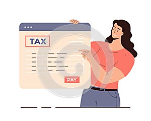 Online tax payment. Government taxation concept. Data analysis, paperwork, financial research, report. Woman pay tax bill online