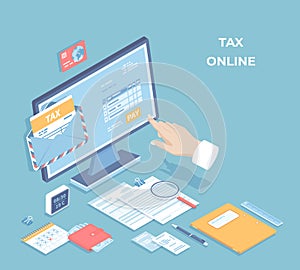 Online tax payment, mobile app. Filling tax form via computer. Hand push the pay button. Envelope, monitor, documents, calendar