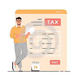 Online Tax payment vector illustration. Government taxation concept. Data analysis, paperwork, financial research, report.