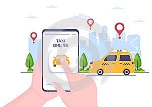 Online Taxi Booking Travel Service Flat Design Illustration via Mobile App on Smartphone Take Someone to a Destination