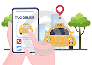 Online Taxi Booking Travel Service Flat Design Illustration via Mobile App on Smartphone Take Someone to a Destination