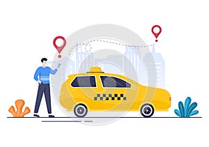 Online Taxi Booking Travel Service Flat Design Illustration via Mobile App on Smartphone Take Someone to a Destination