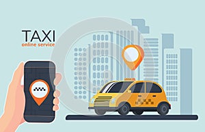 Online Taxi car service. Online cab booking. Service for transportation passengers. Mobile phone in hand.