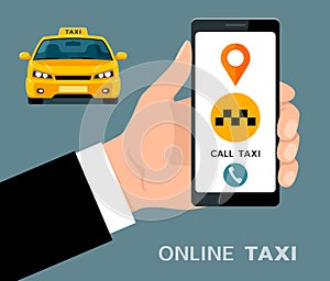 Online taxi illustration. Mobile app service. Hand holding smartphone