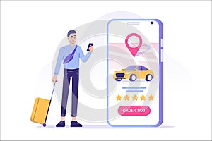 Online taxi ordering concept. Young man standing with suitcase, ordering taxi or renting car online with smartphone app service.