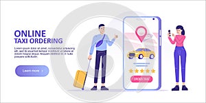 Online taxi ordering concept. Young people standing with suitcase, ordering taxi or renting car online with smartphone app service