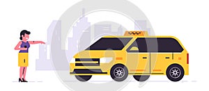 Online taxi ordering service. A driver in a yellow taxi, a passenger, transportation of people. The girl is waiting for
