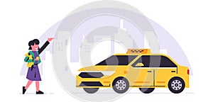 Online taxi ordering service. Yellow taxi driver and passenger. Girl with a dog, city, cab. Vector illustration isolated