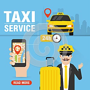 Online taxi service concept design flat.Yellow taxi car with taxi driver