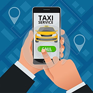 Online Taxi-service concept. Man orders a taxi from his cell phone. Taxi service application on screen. Vector business