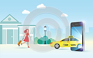 Online taxi service and transportation technology concept. Taxi penetrating from smart phone screen to pick up woman passenger
