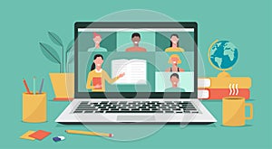 online teacher teaching students on laptop screen, distance learning
