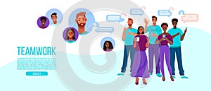 Online teamwork and group chat illustration with different people, avatars, messages.