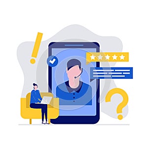 Online technical support and helpdesk vector illustration concept with characters. Woman customer asking questions and receiving