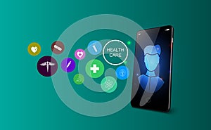 Online tele medicine concept. Medical consultation and treatment via application of smartphone. vector illustration