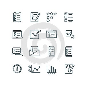 Online test, internet quiz, questionnaire, survey, exam, quizzes thin line vector icons