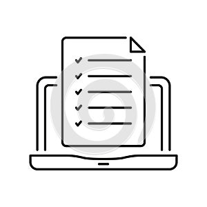 Online Test On Laptop Line Icon. Computer With Checklist Linear Pictogram. Survey Check List, Questionnaire Outline