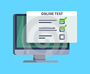 Online test. Questionnaire survey form on pc screen. Exam list, computer testing and online quiz vector concept