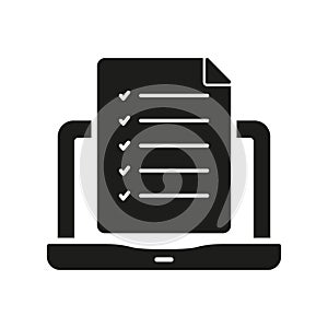 Online Test Silhouette Icon. Questionnaire On Laptop Glyph Pictogram. Application Form. Computer With Checklist Solid