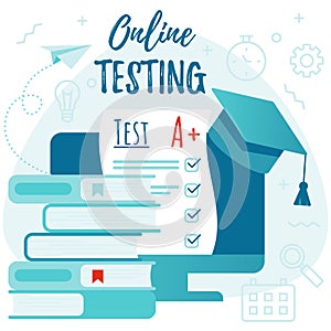 Online testing, quiz exam, E-learning, distance education illustration.