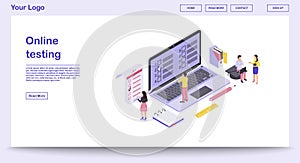 Online testing webpage vector template with isometric illustration